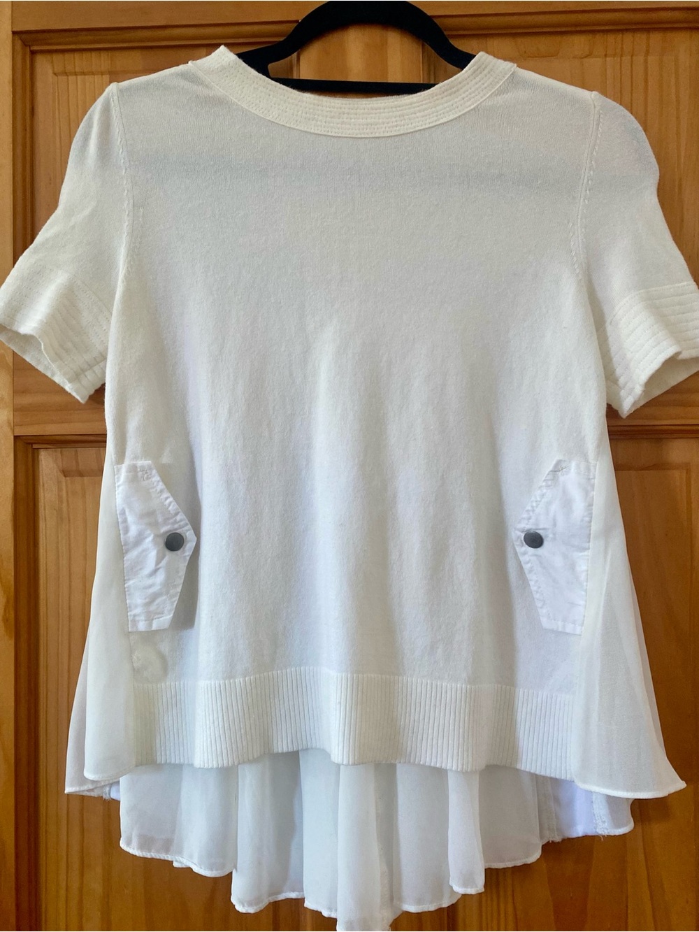 Boutique Mixed Media Sweater Top White Pleated Cotton Poplin Peplum Babydoll S/M